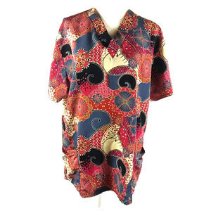 Silky Scrubs Women's Scrub Top Size Medium Red Gray Floral Print